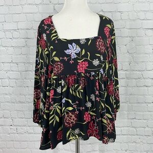 DOLAN Anthropologie Botanical Plants Flowers Square Neck Long Sleeve M Top